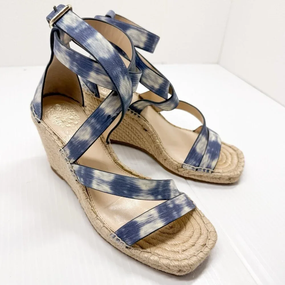 Vince Camuto Espadrille Wedge Sandals Blue Watercolor Leather Ankle Strap 6